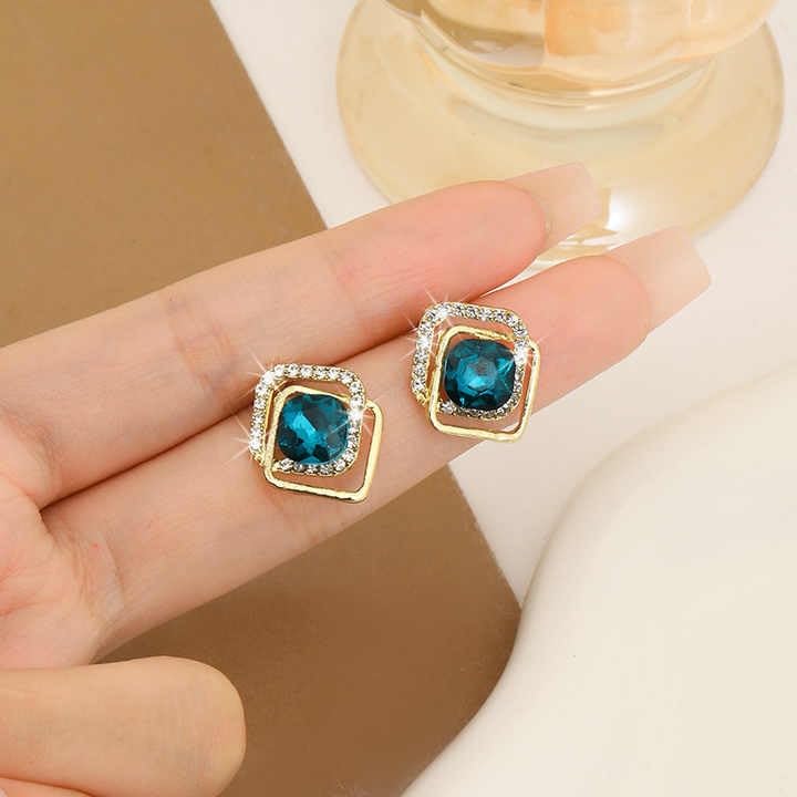Crystal Square Stud Earrings, Gold-Plated with Turquoise Blue Stone and Rhinestones