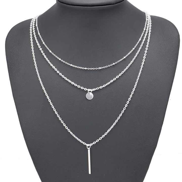 Layered Chain Necklace for Women – Silver Plated Multi-Strand Pendant with Disc & Bar Charms – Fashion Jewelry for Casual