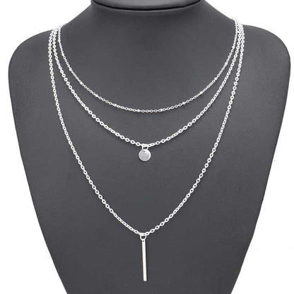 Layered Chain Necklace for Women – Silver Plated Multi-Strand Pendant with Disc & Bar Charms – Fashion Jewelry for Casual