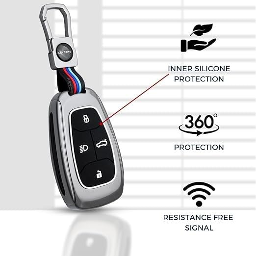 Metal Key Cover Compatible with Tata Nexon, Curvv, Altroz, Harrier, Punch, Safari & EV Models | 4 Button Smart Key Case with Short Keychain | Premium Metal Car Key Cover | Black (Pack of 1)