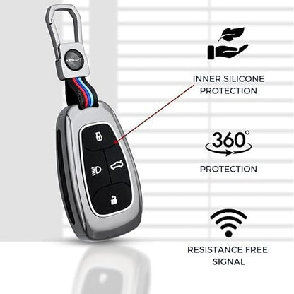 Metal Key Cover Compatible with Tata Nexon, Curvv, Altroz, Harrier, Punch, Safari & EV Models | 4 Button Smart Key Case with Short Keychain | Premium Metal Car Key Cover | Black (Pack of 1)