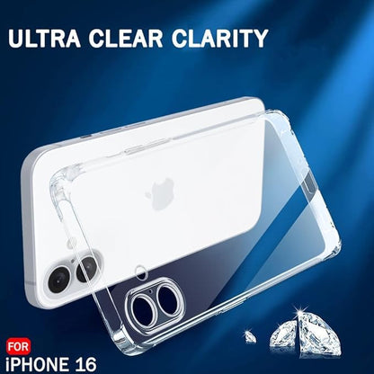RF REDFOXX Clear Protective Case for iPhone 16, Ultra Slim Transparent Cover with Camera Protection, Soft Silicone with Dust Plugs