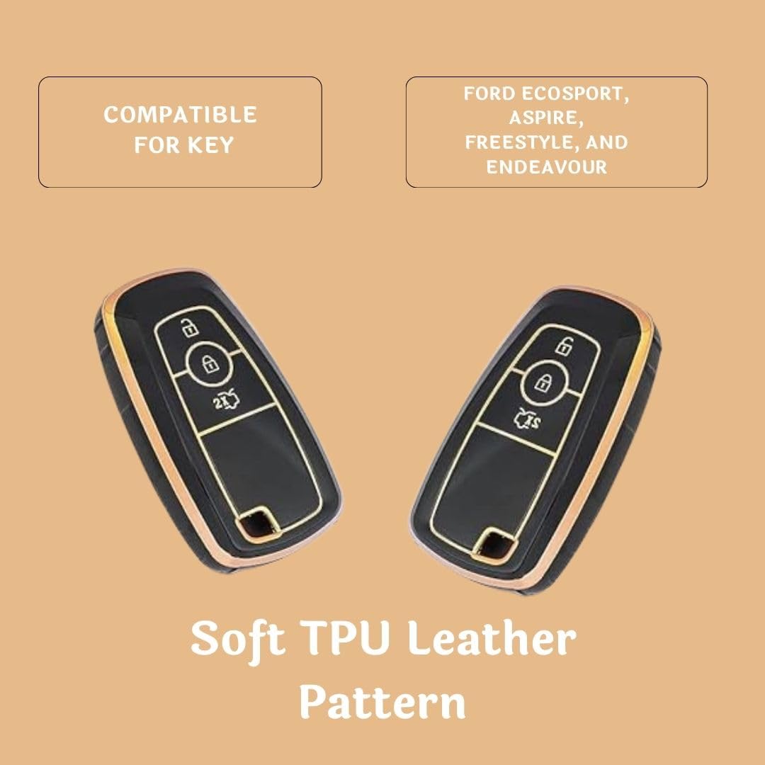 Soft TPU Leather Pattern Key Cover Compatible with Ford Ecosport Aspire Freestyle Endeavour Push Button Start Car Key (Black).