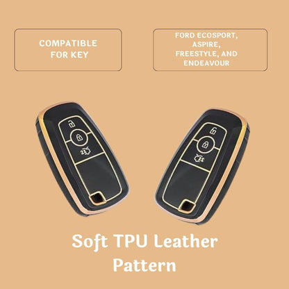 Soft TPU Leather Pattern Key Cover Compatible with Ford Ecosport Aspire Freestyle Endeavour Push Button Start Car Key (Black).