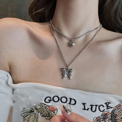 RF REDFOXX Layered Butterfly & Heart Pendant Necklace – Silver Titanium Steel Chain for Women & Girls – Elegant & Durable Fashion Jewelry