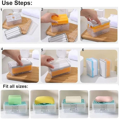 2-in-1 Portable Laundry Rolling Soap Box – Soap Bar Dispenser with Rubber Roller, Foaming Soap Saver, Drain Holes & Spring Mechanism – Travel Soap Holder (12.2L x 7.2W cm, Multicolor)