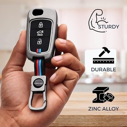 Metal Silicone Key Cover Compatible with Hyundai i10 & i20 (Old Model) | 3 Button Flip Key Case | Full Metal Protection with Low-Light Visibility Feature | Black (Pack of 1)