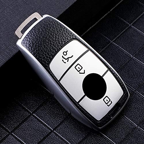 Key Cover, TPU Leather Pattern Key Cover, 3 Buttons Key, Compatible with Benz E Series Smart Key, Silver