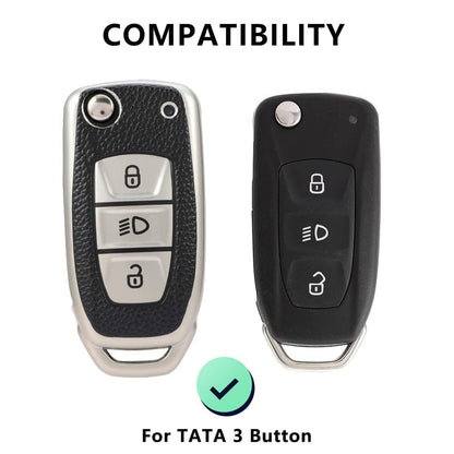 Premium Leather TPU 3 Button flip Key Cover Compatible for Tata Nexon Harrier Altroz Punch Safari Tigor Tiago Zest Bolt