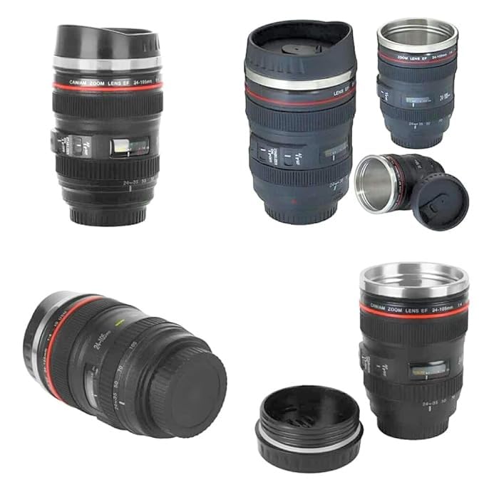Camera Lens Coffee Mug 400ml | Stainless Steel Insulated Travel Mug Flask with Lid | Leakproof Thermos Cup for Coffee & Tea | DSLR Lens Design Gift for Men & Women (Black)