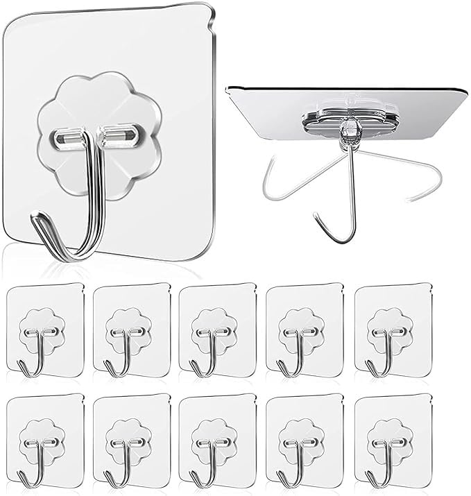 Adhesive Wall Hooks for Kitchen & Bathroom | Heavy Duty Sticky Hooks (13.2lb Max) | Nail-Free Stainless Steel Hangers | Reusable Transparent Utility Hooks for Towel, Ceiling, and Wall – 10 Pcs Set
