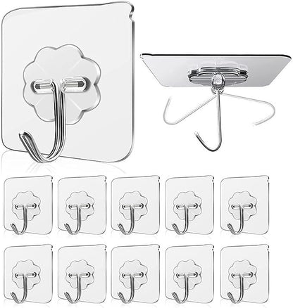 Adhesive Wall Hooks for Kitchen & Bathroom | Heavy Duty Sticky Hooks (13.2lb Max) | Nail-Free Stainless Steel Hangers | Reusable Transparent Utility Hooks for Towel, Ceiling, and Wall – 10 Pcs Set