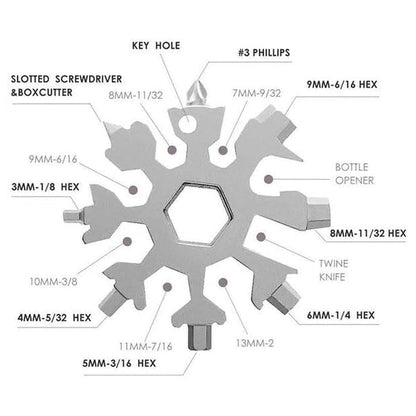 18-in-1 Snowflake Multi Tool, Stainless Steel, Silver, with Bottle Opener, Screwdriver and Wrench, Portable Keychain Repair Tool for Camping