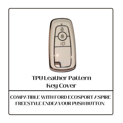 Soft TPU Leather Pattern Key Cover Compatible with Ford Ecosport Aspire Freestyle Endeavour Push Button Start Car Key (White).