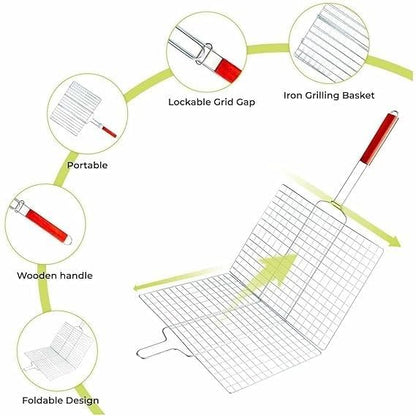 Stainless Steel Barbecue Grill Net Basket – Chromium Plated Grilling Tray with Long Wooden Handle – Ideal for Fish, Meat, Vegetables, Shrimp, and More
