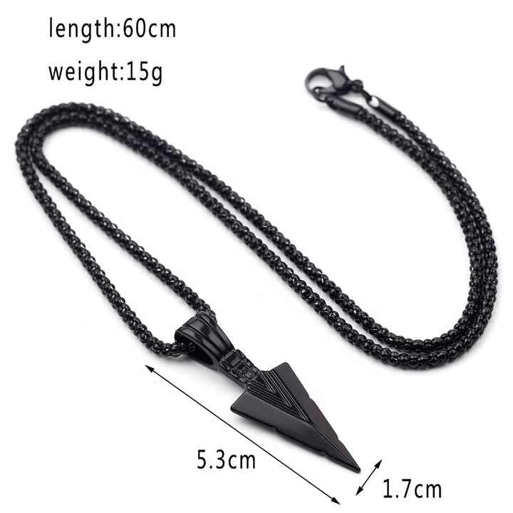 RF REDFOXX Men's Arrow Pendant Necklace, Black Stainless Steel Chain, Triangle Design, Hip-Hop Style