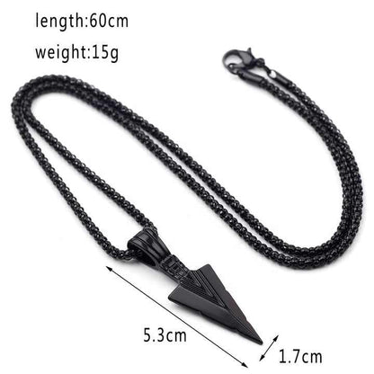 RF REDFOXX Men's Arrow Pendant Necklace, Black Stainless Steel Chain, Triangle Design, Hip-Hop Style