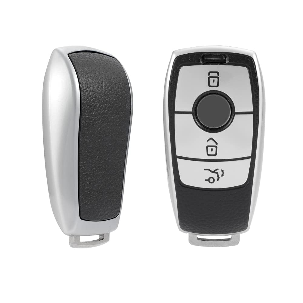 RF REDFOXX Car Key Cover and Keychain Compatible for Mercedes Benz Designed for Benz E Series Smart Key | Car Accessories Personal Style with Silver Cover.
