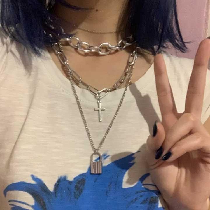 RF REDFOXX 3-Layer Silver Chain Necklace Set – Gothic Punk Style with Cross & Lock Pendants – Unisex Statement Jewelry