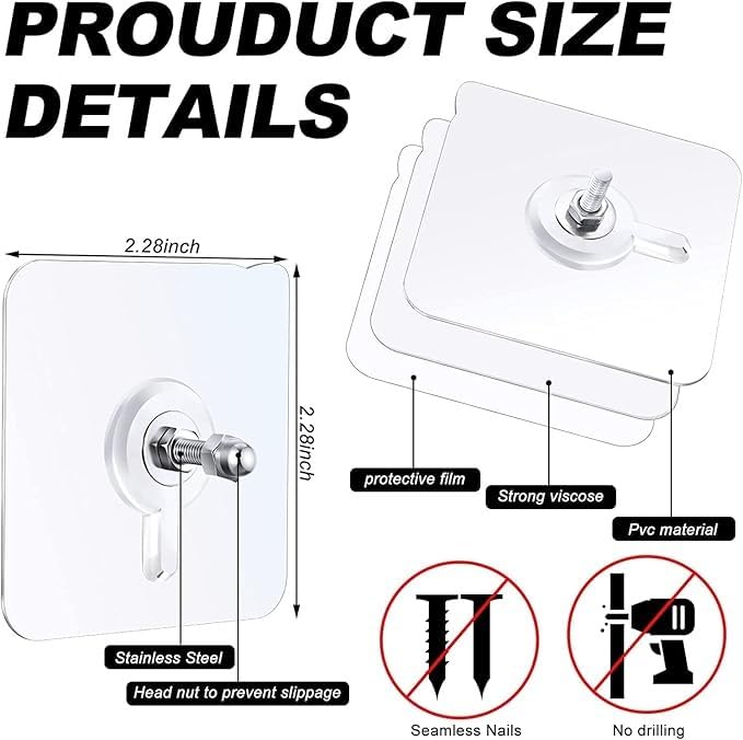 RF REDFOXX Heavy Duty Adhesive Wall Hooks | Transparent Nail-Free Hooks for Kitchen, Bathroom & Home Use | Strong, Reusable & Waterproof (Pack of 20)