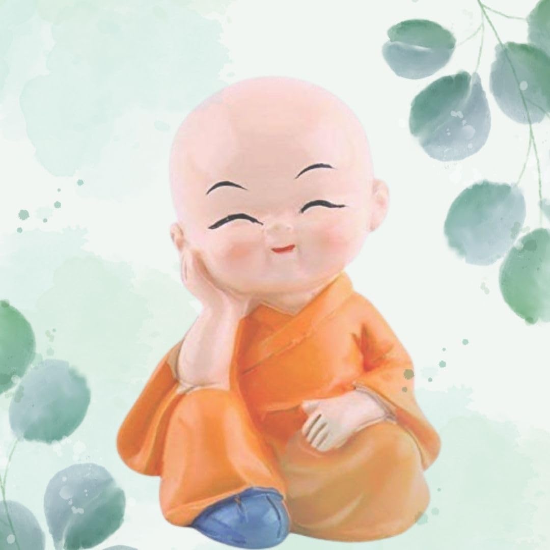RF REDFOXX Buddha Monk Set of 4 Statues – Charming Mini Figurines Perfect for Home Decor, car dashboards, or Office desks, Ideal as Thoughtful Gifts or Elegant Tabletop Accents. (Pack of 1)