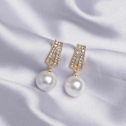 Pearl Drop Earrings with Crystal Rhinestones, Vintage Style, Gold-Toned, Ivory White