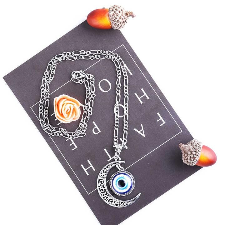 Evil Eye Moon Pendant Necklace, Silver Alloy Chain, Blue Crystal Charm