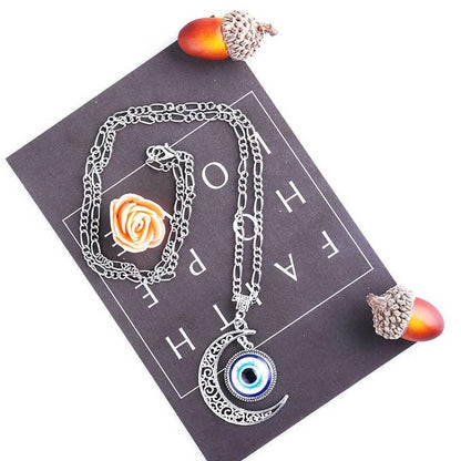 Evil Eye Moon Pendant Necklace, Silver Alloy Chain, Blue Crystal Charm