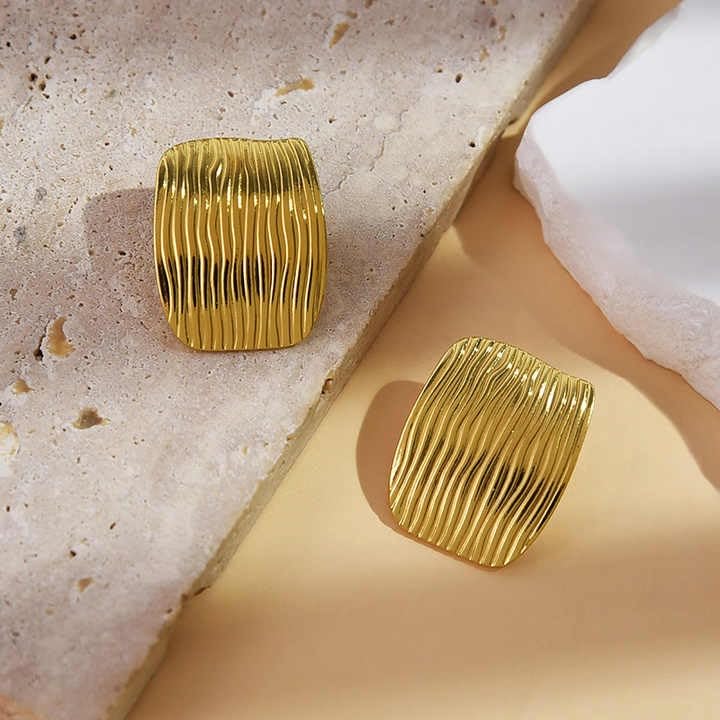 Textured Square Stainless Steel Stud Earrings – Matte Finish with Ripple Pattern – Unisex Minimalist Design for Daily