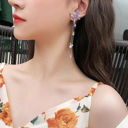 Crystal Butterfly Drop Earrings, Purple Rhinestone with Pearl Tassel Chain, Silver