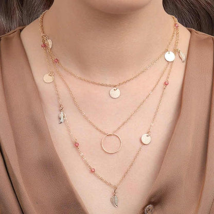 Layered Chain Necklace with Pink Beads, Gold-Tone Circle and Leaf Charms, 3-Strand Design