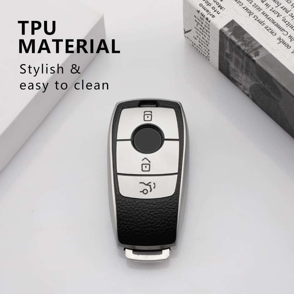 RF REDFOXX Car Key Cover and Keychain Compatible for Mercedes Benz Designed for Benz E Series Smart Key | Car Accessories Personal Style with Silver Cover.