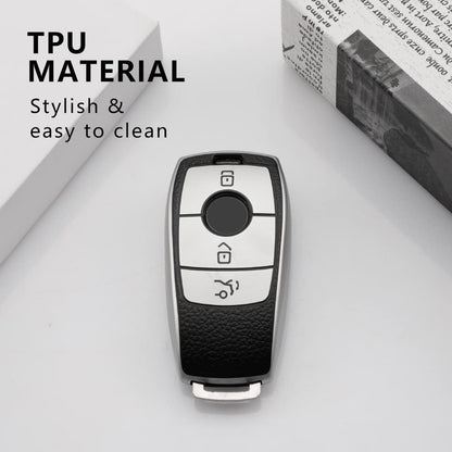 RF REDFOXX Car Key Cover and Keychain Compatible for Mercedes Benz Designed for Benz E Series Smart Key | Car Accessories Personal Style with Silver Cover.