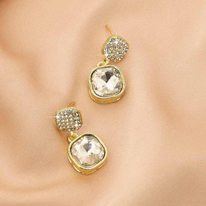 Crystal Drop Earrings, Gold-Plated Square Design, Zircon Pave Studs