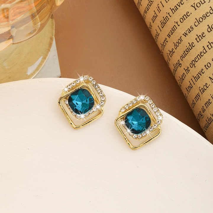 Crystal Square Stud Earrings, Gold-Plated with Turquoise Blue Stone and Rhinestones