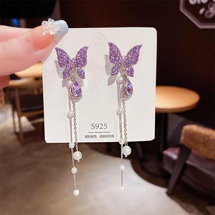 Crystal Butterfly Drop Earrings, Purple Rhinestone with Pearl Tassel Chain, Silver