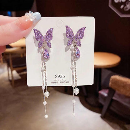 Crystal Butterfly Drop Earrings, Purple Rhinestone with Pearl Tassel Chain, Silver