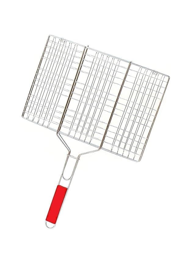 Stainless Steel Barbecue Grill Net Basket – Chromium Plated Grilling Tray with Long Wooden Handle – Ideal for Fish, Meat, Vegetables, Shrimp, and More