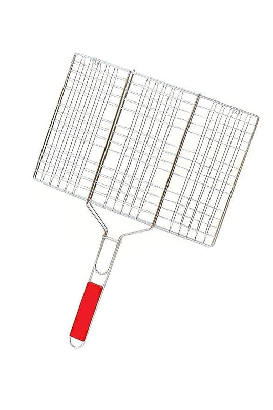 Stainless Steel Barbecue Grill Net Basket – Chromium Plated Grilling Tray with Long Wooden Handle – Ideal for Fish, Meat, Vegetables, Shrimp, and More