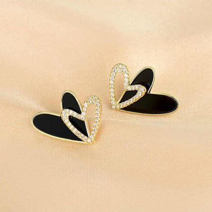 Double Heart Stud Earrings, Black Enamel with Crystal Accents, Gold-Toned
