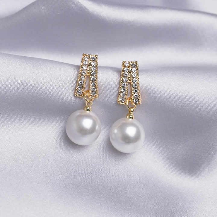 Pearl Drop Earrings with Crystal Rhinestones, Vintage Style, Gold-Toned, Ivory White