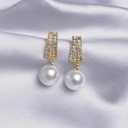 Pearl Drop Earrings with Crystal Rhinestones, Vintage Style, Gold-Toned, Ivory White