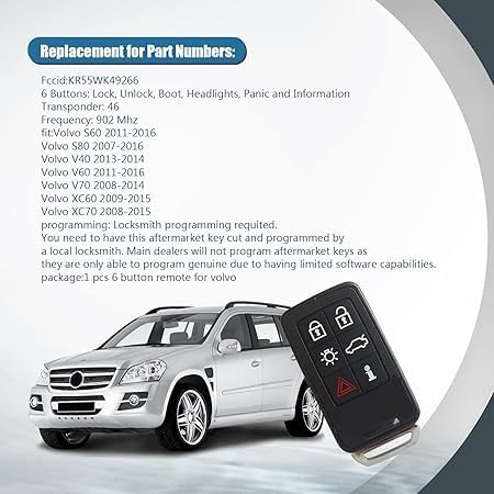 902MHz 6 Button Smart Car Key Fob Compatible with Volvo XC60 V70 V60 (2007–2016) | Keyless Entry Remote Replacement | FCC ID KR55WK49266 | Model 30659502