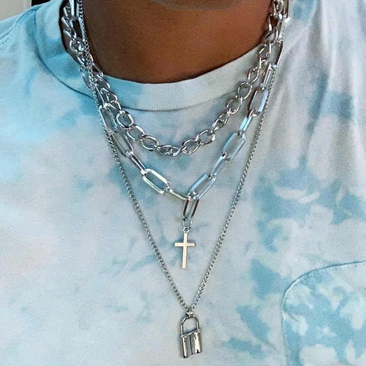 RF REDFOXX 3-Layer Silver Chain Necklace Set – Gothic Punk Style with Cross & Lock Pendants – Unisex Statement Jewelry