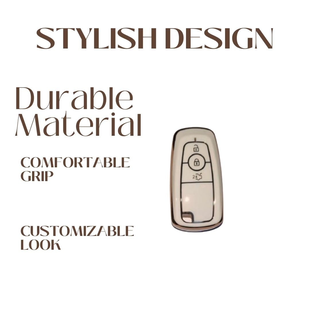 Soft TPU Leather Pattern Key Cover Compatible with Ford Ecosport Aspire Freestyle Endeavour Push Button Start Car Key (White).
