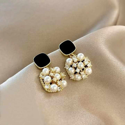 Pearl Drop Earrings, Black Square Stud, Gold-Plated Crystal Hypoallergenic Jewellery for Women