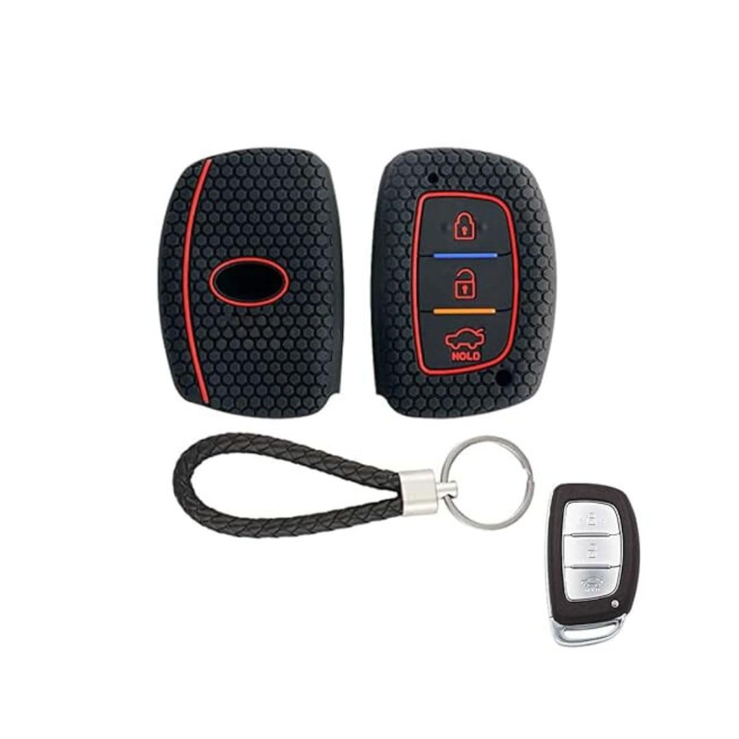 Silicone Key Cover for Elite I20, ActiveI20, Aura, Verrna 4s, Xceent, Tucson, Elantra 3 Button Smart Key (Push Button Start Models only) (Black with KC Mini Black Keyring).