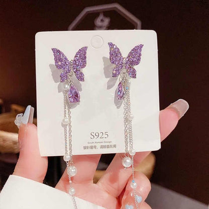 Crystal Butterfly Drop Earrings, Purple Rhinestone with Pearl Tassel Chain, Silver