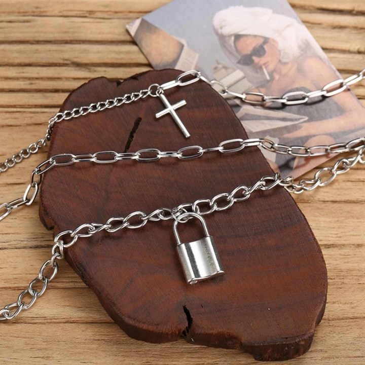 RF REDFOXX 3-Layer Silver Chain Necklace Set – Gothic Punk Style with Cross & Lock Pendants – Unisex Statement Jewelry
