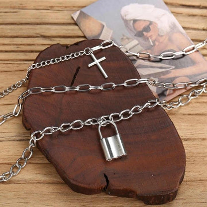 RF REDFOXX 3-Layer Silver Chain Necklace Set – Gothic Punk Style with Cross & Lock Pendants – Unisex Statement Jewelry